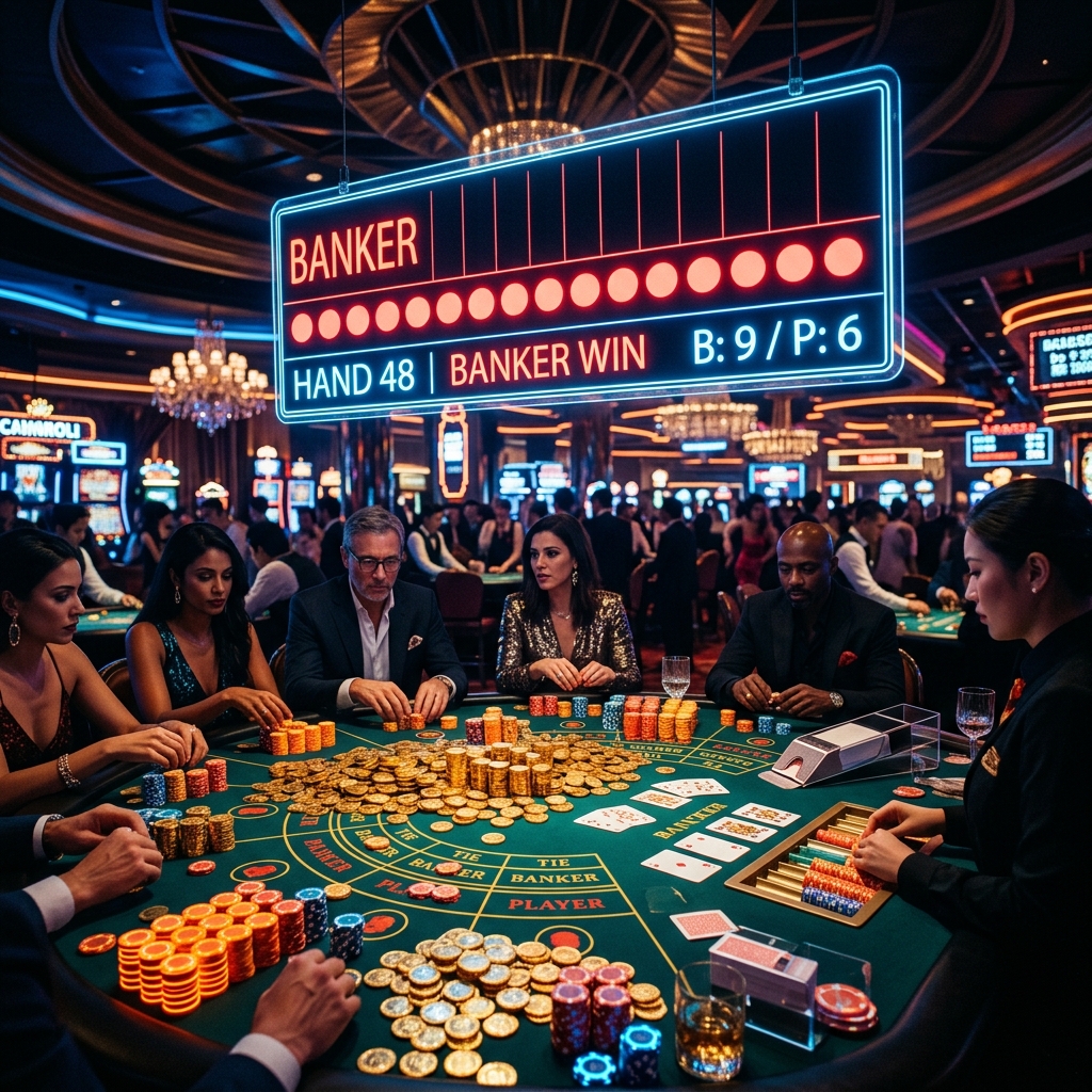 Màn hình kỹ thuật số hiển thị chuỗi thắng đỏ rực baccarat streak phía trên núi vàng neon cam