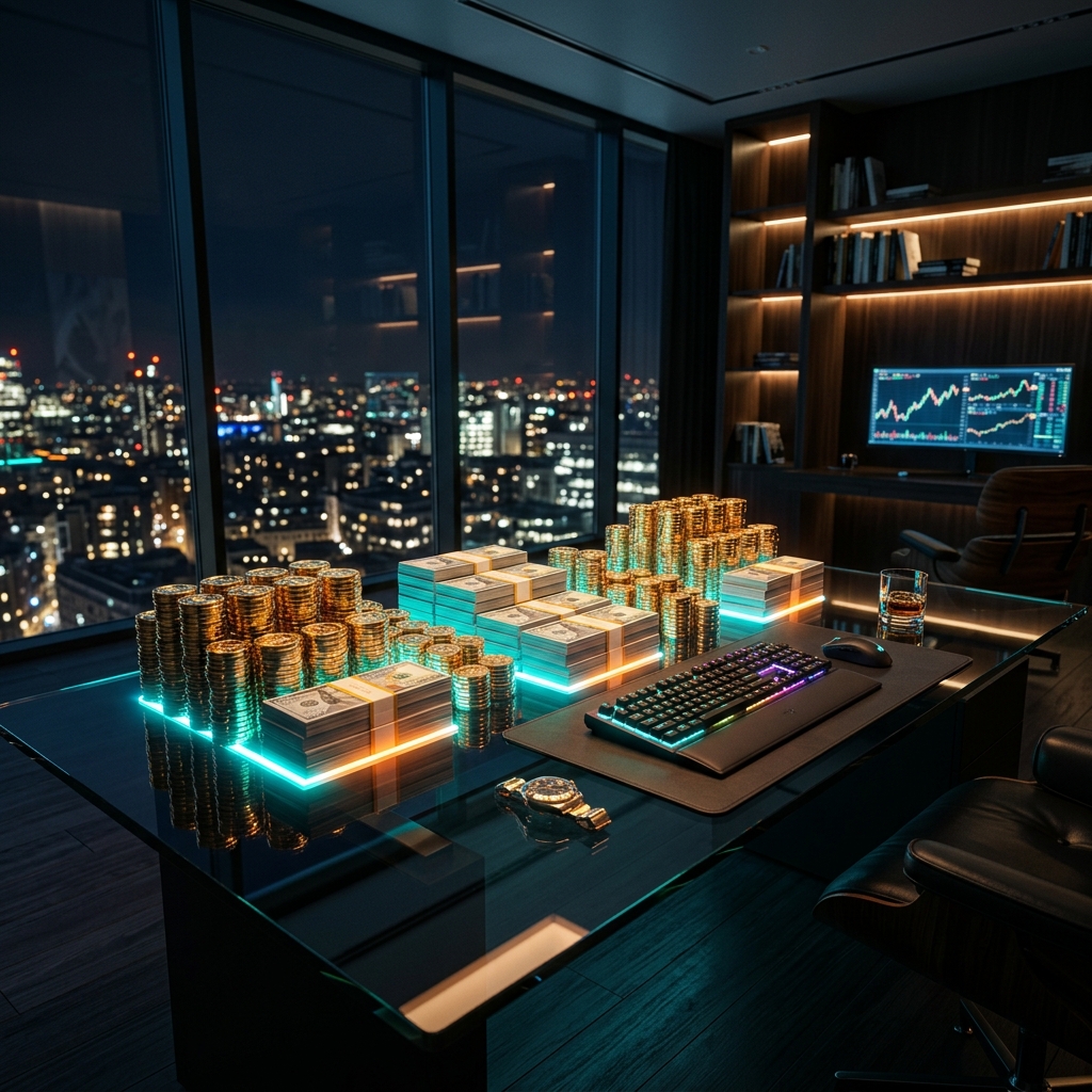 Tiền mặt và chip sòng bạc khổng lồ lấp lánh neon bốc cháy tượng trưng cho hoa hồng đại lý mm88