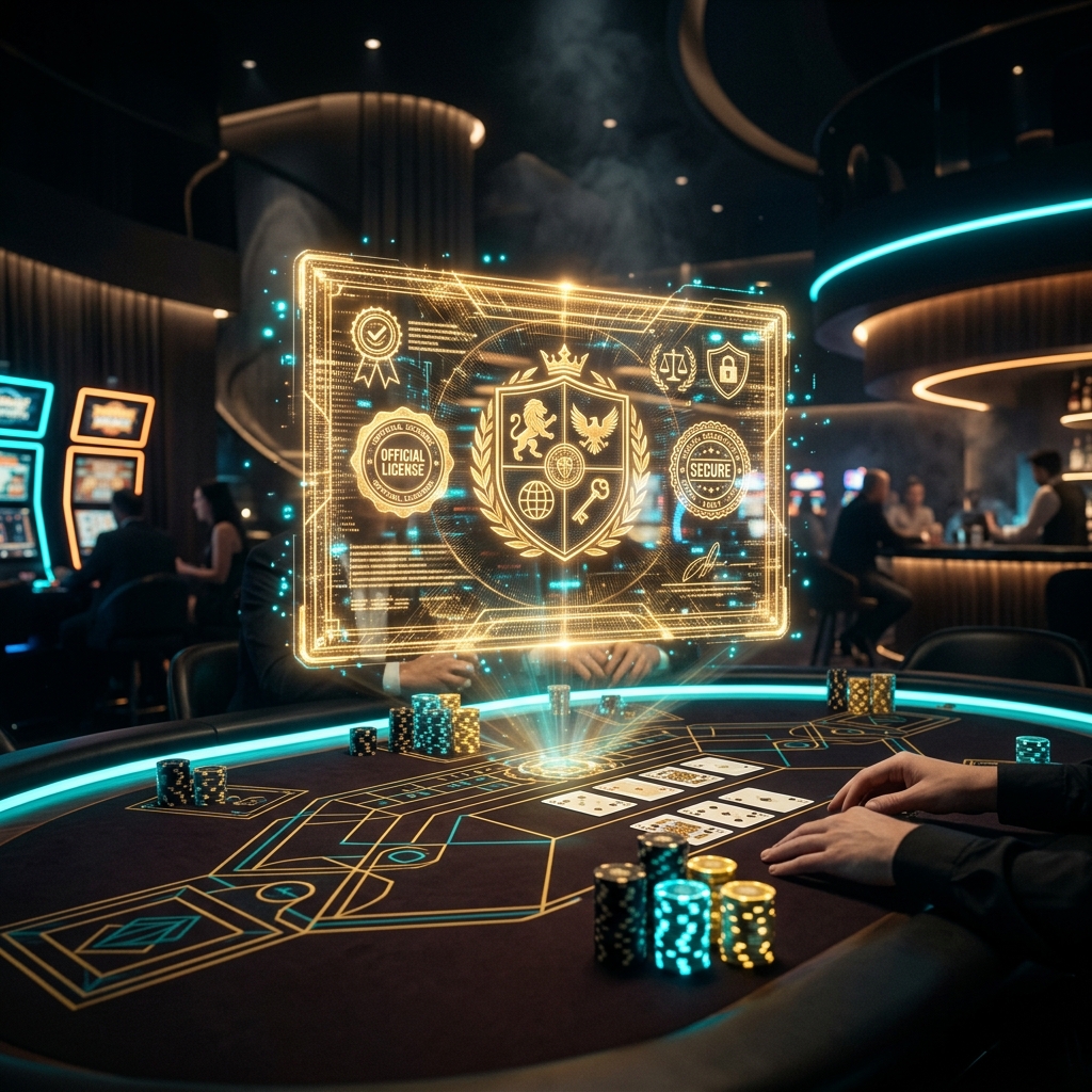 Giấy phép cá cược hợp pháp quốc tế hologram PAGCOR lơ lửng trên sòng bạc đẳng cấp vip