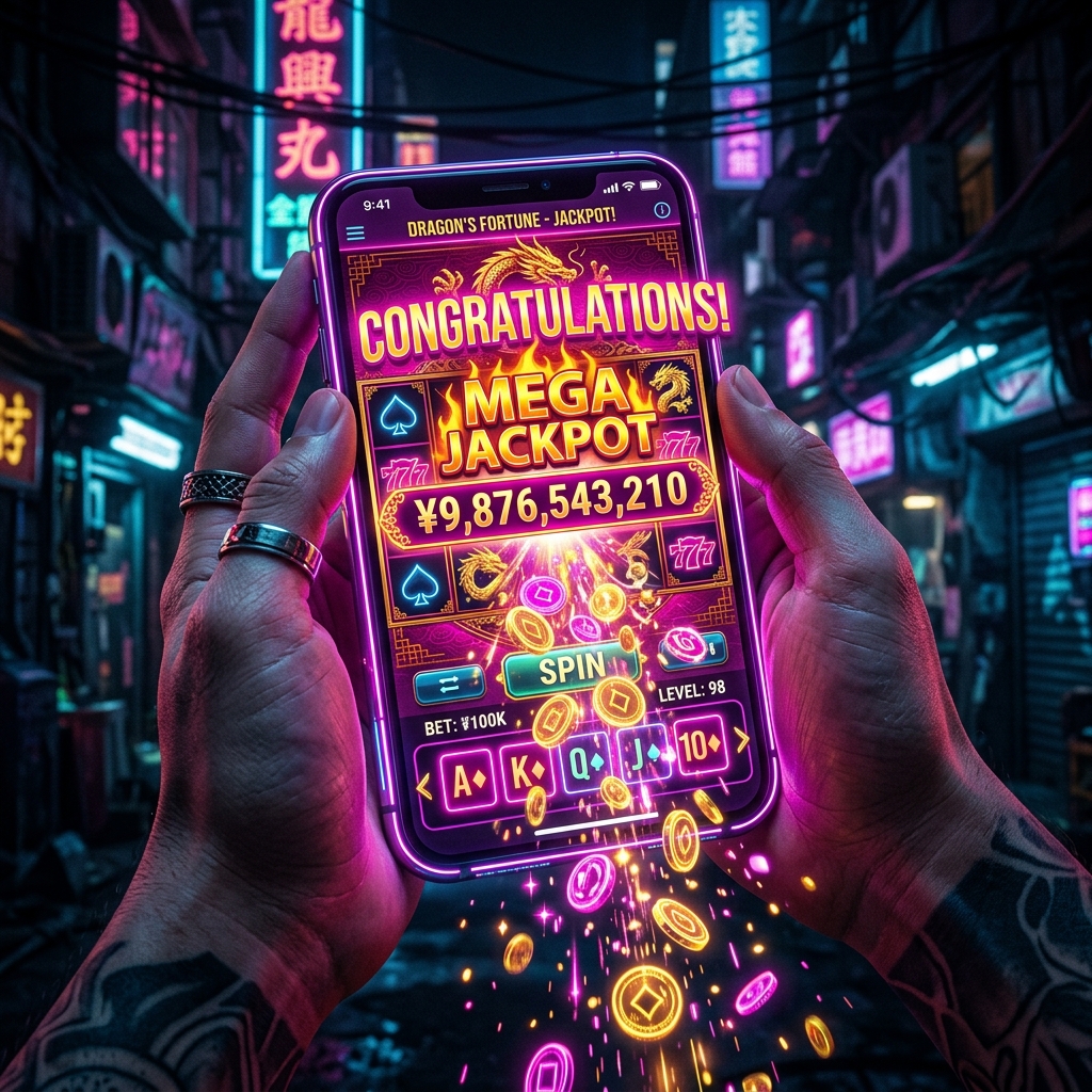 Futuristic smartphone displaying massive jackpot winning on asian mobile card app MM88