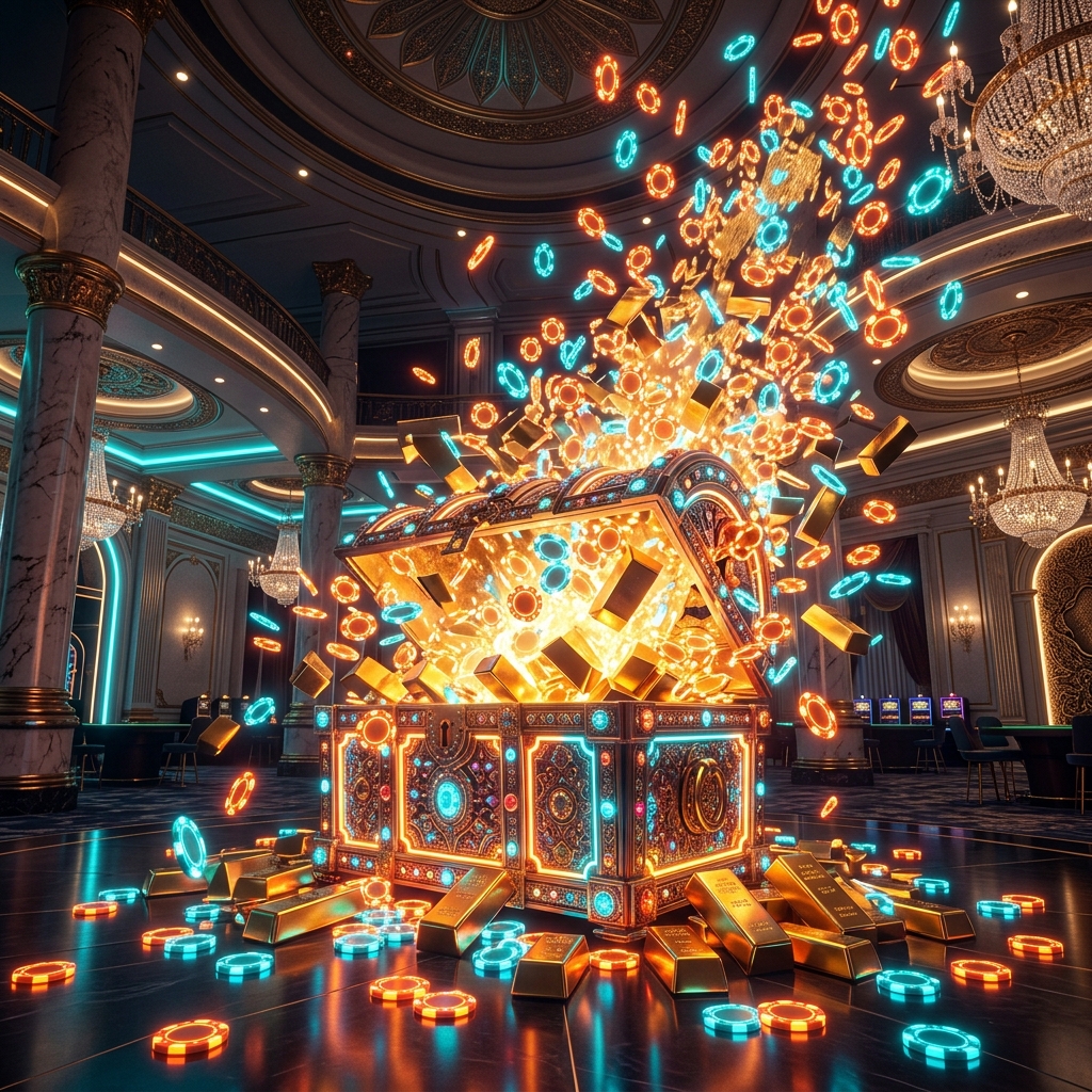 Rương kho báu khuyến mãi sòng bạc mm88 phát sáng bằng chip neon xanh cam cực VIP nhận thưởng siêu tốc