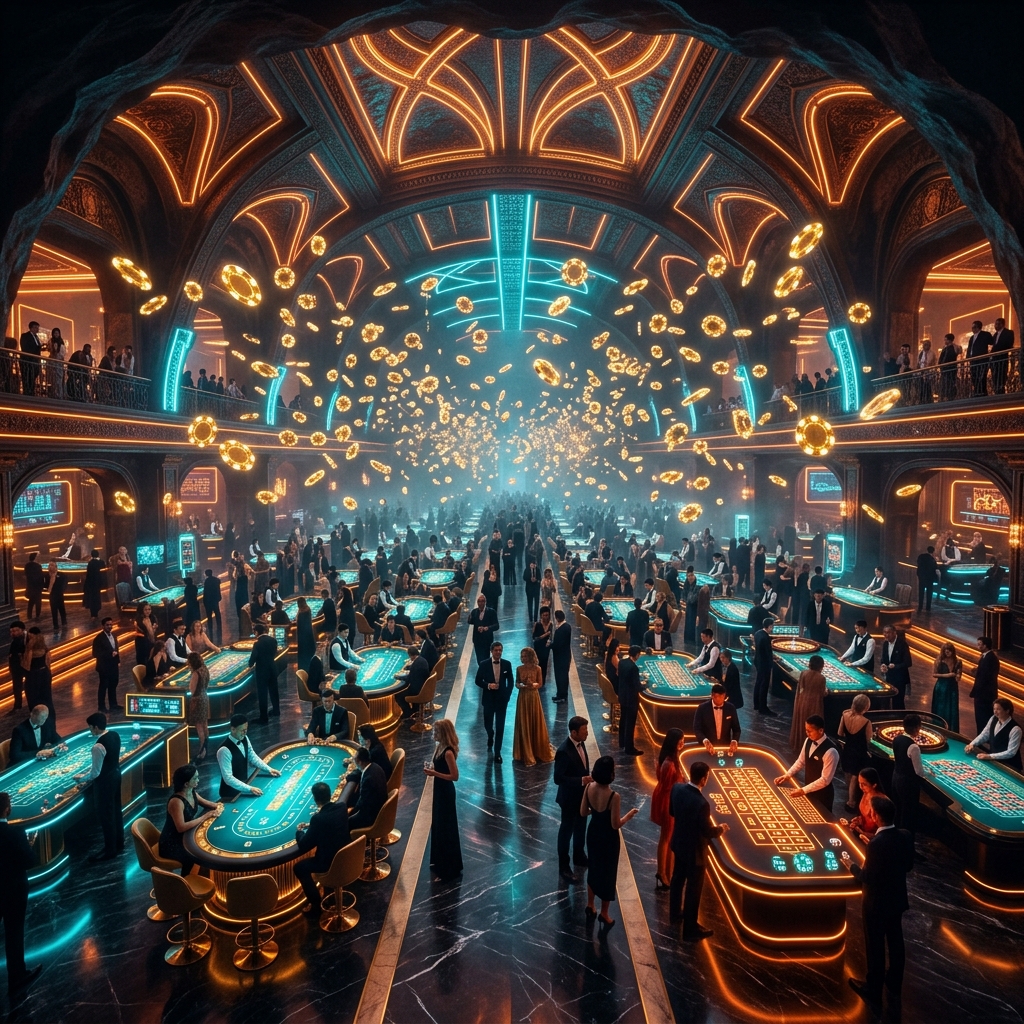 Khung cảnh sòng bài sảnh Live Casino VIP cá cược với các bàn baccarat và tài xỉu phát sáng neon của MM88