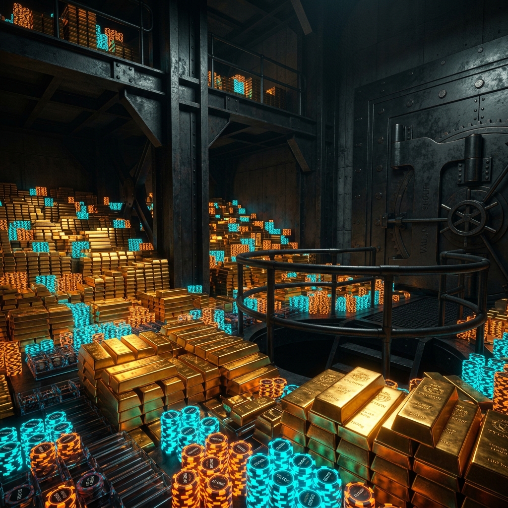 Hầm chứa két sắt khổng lồ bằng thép đen vvip mạ ngập trong phỉnh vàng bốc cháy neon orange và cyan của tay cược tỷ phú mm88