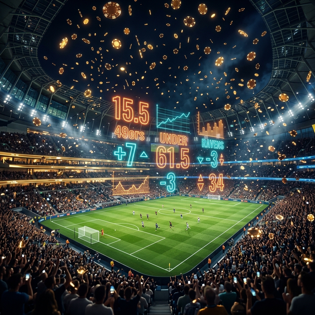 Khung cảnh sân vận động bóng đá khổng lồ rực rỡ đèn neon hiển thị tỷ lệ kèo cá cược nhà cái MM88 bủa vây