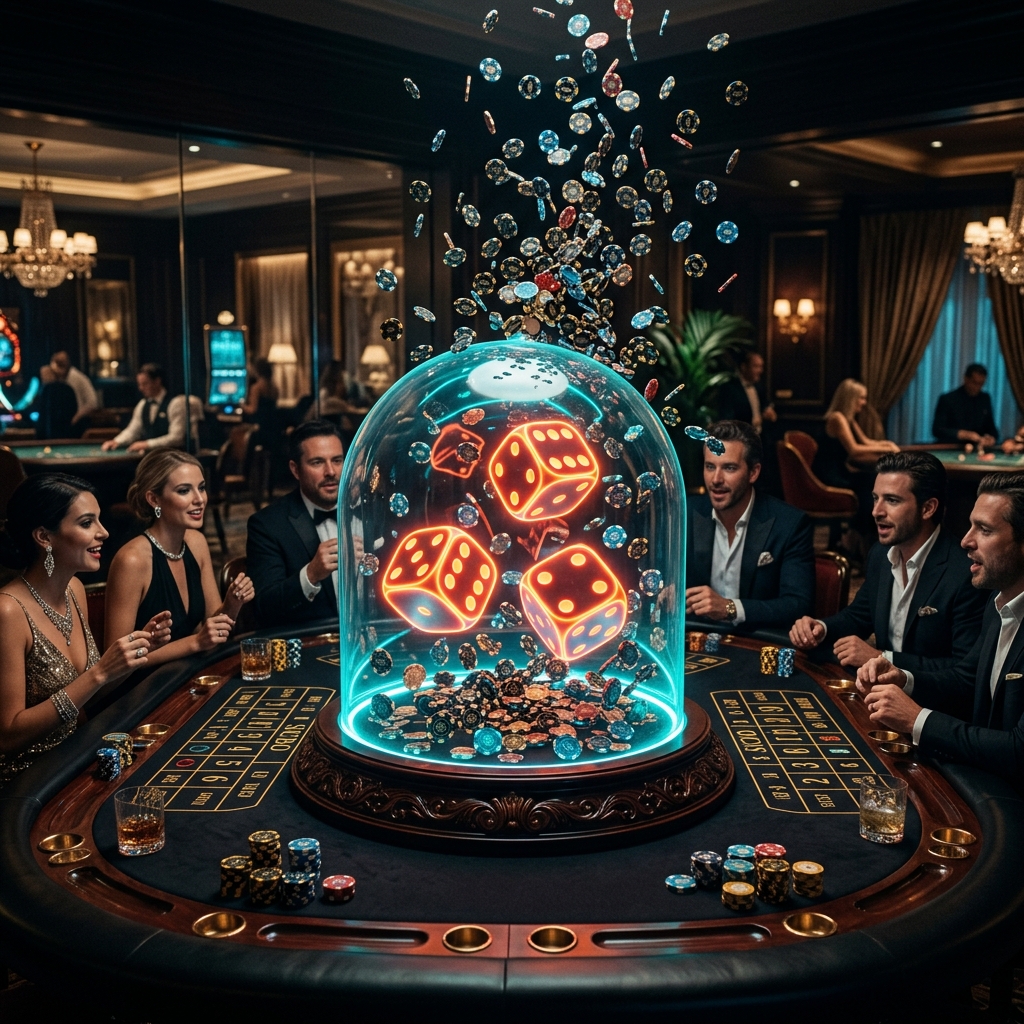 Khung cảnh sảnh live casino Sicbo Tài Xỉu VIP tại MM88 với các viên xúc xắc neon cam khổng lồ